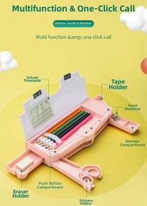 Detail of pink multi-functional pencil case with pop-up compartments and sharpener