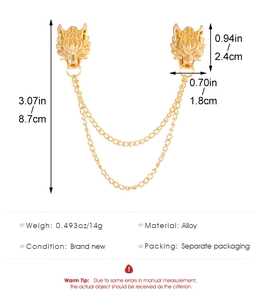 Detailed size chart for vintage golden wolf head lapel pins with double chains