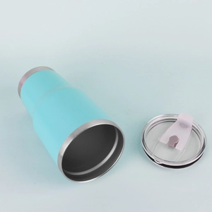 Top view of turquoise 30oz stainless steel tumbler with transparent spill-proof lid