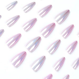 Faux ongles press-on violets pailletés holographiques de forme amande allongée