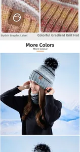 Détail de l'ensemble bonnet et écharpe d'hiver en tricot avec pompon et rayures dégradées