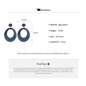 Detailed size specifications of denim fabric oval hoop earrings with alloy structure