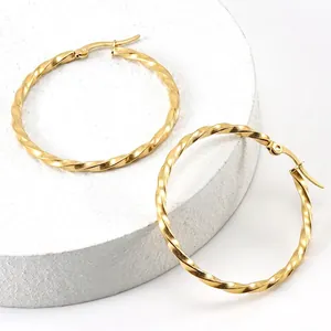 18K Gold Plated Stainless Steel Twisted Hoop Earrings For Women Exaggerated Minimalist Round Geometric Ripple Jewelry