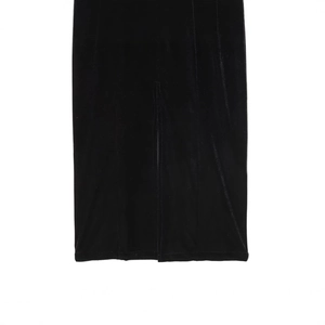 Velvet backless lace patchwork slit dress showing black fabric texture and hem detail