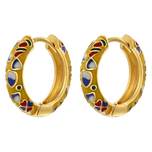 Macro detail of gold hoop earrings with vibrant colorful enamel heart patterns