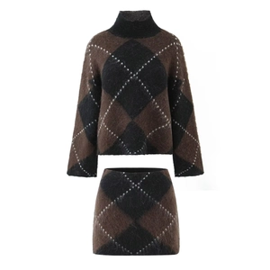 High Neck Argyle Sweater And Knit Skirt Mohair Style Pullover Long Sleeve Vintage Streetwear Outfit For Women