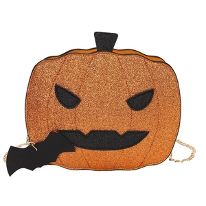 Close-up of orange glitter pumpkin bag with gold chain and small black bat charm