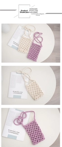 Detail of handmade crochet phone bags in cream and lilac with mesh knitted patterns