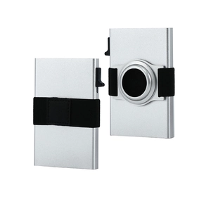 Detailed silver aluminum RFID card holder with AirTag mount and elastic strap