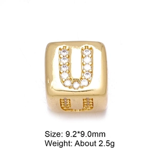 Macro shot of 8mm gold square alphabet bead U with micro zircon stones and size info