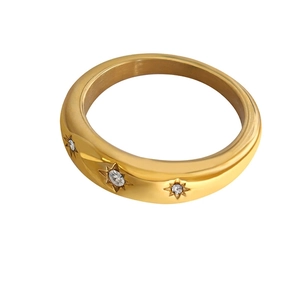 Wide Band Ring Titanium Steel With 18K Gold Plating Zircon Inlaid Star Engraving Retro Minimalist Style For Women