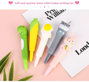 Detailed macro view of slow-rebound cartoon decompression pens in five cute animal shapes