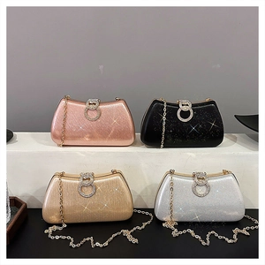 Women Evening Clutch Bag Glitter Shimmer Party Purse With Rhinestone Double Ring Buckle And Detachable Metal Chain