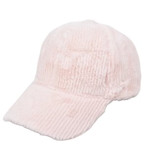 Close-up of the fluffy faux fur texture and curved brim of the pink winter baseball cap