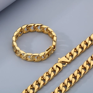 Polished 15mm gold Cuban link chain necklace and bracelet set in stainless steel