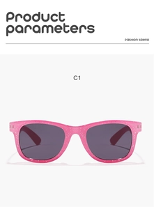 Detailed shot of pink glitter square frame kids sunglasses with C1 color model mark