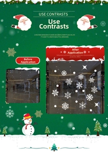 Before and after view of white snowflake window stickers for Christmas home decoration