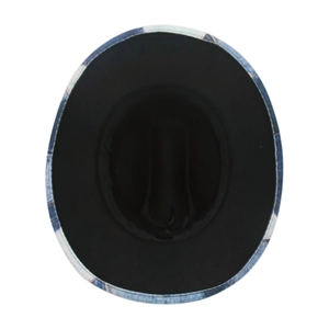 Interior detail of jazz hat showing denim patchwork brim and black fabric lining
