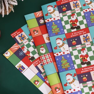 Colorful Christmas wrapping paper with festive cartoon patterns in a fan-shaped layout
