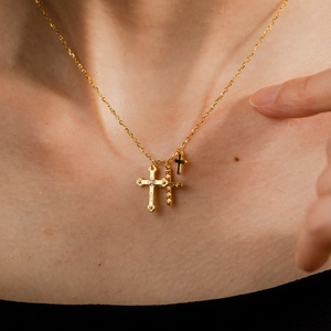 S925 sterling silver cross pendant necklace for women with three layered charms and gold finish