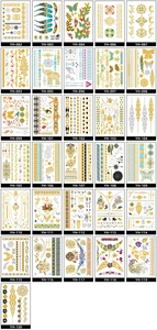 Grid layout showing 26 metallic gold and silver temporary tattoo stickers with diverse patterns