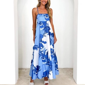Women Floral Print Spaghetti Strap Maxi Dress Backless High Waist A-Line Sleeveless Summer Beach Vacation Boho