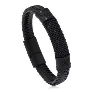 Men's punk black braided leather bracelet with textured alloy magnetic clasp on white backdrop