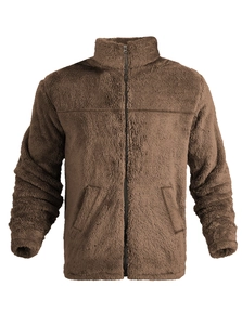 Detailed texture of men's brown fleece jacket with high collar and sturdy zipper