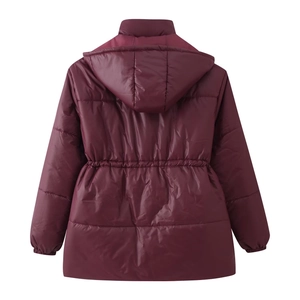 Rear view of wine red hooded cotton jacket with elastic waist and windproof long sleeves