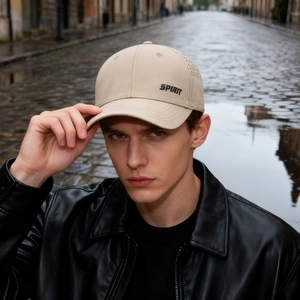 Unisex breathable mesh baseball cap in beige with Spirit logo for outdoor sports
