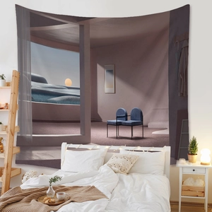 Detail view of Bohemian surrealism wall tapestry featuring desert sunset view in bedroom