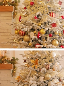 Detail of pink Christmas tree with Merry Christmas sign, ornaments and warm LED lights