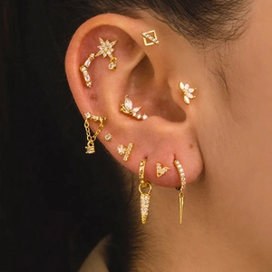 Detail showing S925 sterling silver butterfly ear studs and gold tassel chain earrings