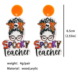 Halloween Spooky Teacher wooden and acrylic dangle earrings with skull and glasses icons