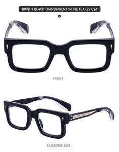 Detail view of bright black square eyewear frame with metallic diamond rivets and embossed temples