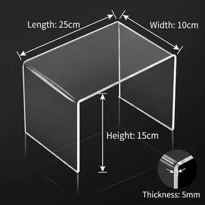 Detail view of transparent U-shaped acrylic shelf showing 25x10x15cm size and 5mm thickness