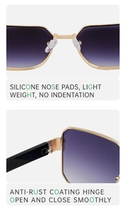 Detail of gold metal frame sunglasses with purple gradient lens and soft silicone nose pads