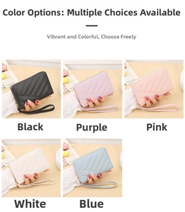 Short quilted wallet with zipper and wrist strap shown in black purple pink white blue