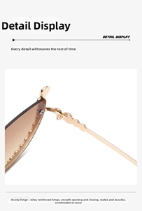 Close-up of cat-eye sunglasses featuring golden alloy hinges and brown gradient lenses
