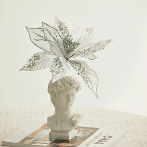 30cm white champagne artificial Christmas flower with glitter sequins on artistic marble statue