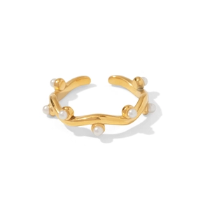 18K gold-plated irregular wave ring with white pearls and adjustable open band design