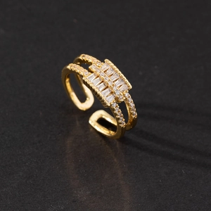 Adjustable gold double-layer open ring featuring a geometric rectangular zircon setting