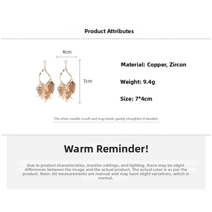 Detailed size chart for rose gold hollow leaf tassel earrings with cubic zirconia