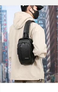 Waterproof black sling bag for men with anti-theft combination lock and USB charging port