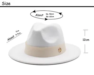 Detailed size chart for white wool fedora hat showing head circumference and brim dimensions