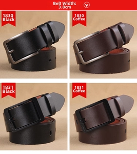 Detailansicht der 3,8 cm breiten Ledergürtel in Schwarz und Kaffee mit Dornschließe
