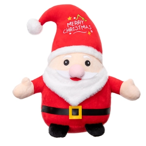Plush Santa Claus doll toy with Merry Christmas embroidery and red hat on white background