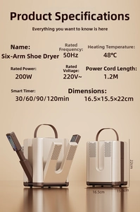 Detailed spec sheet for a 6-arm electric shoe dryer with timer and 200W power specs