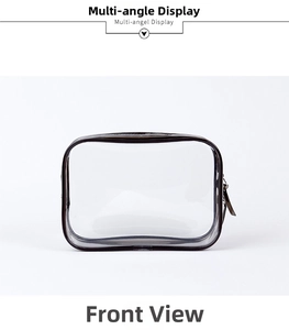 Front view of transparent PVC waterproof cosmetic bag with black zipper and trim