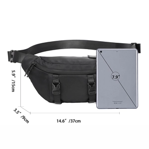 Men's black nylon chest bag with size dimensions 37x15x9cm compared to a tablet